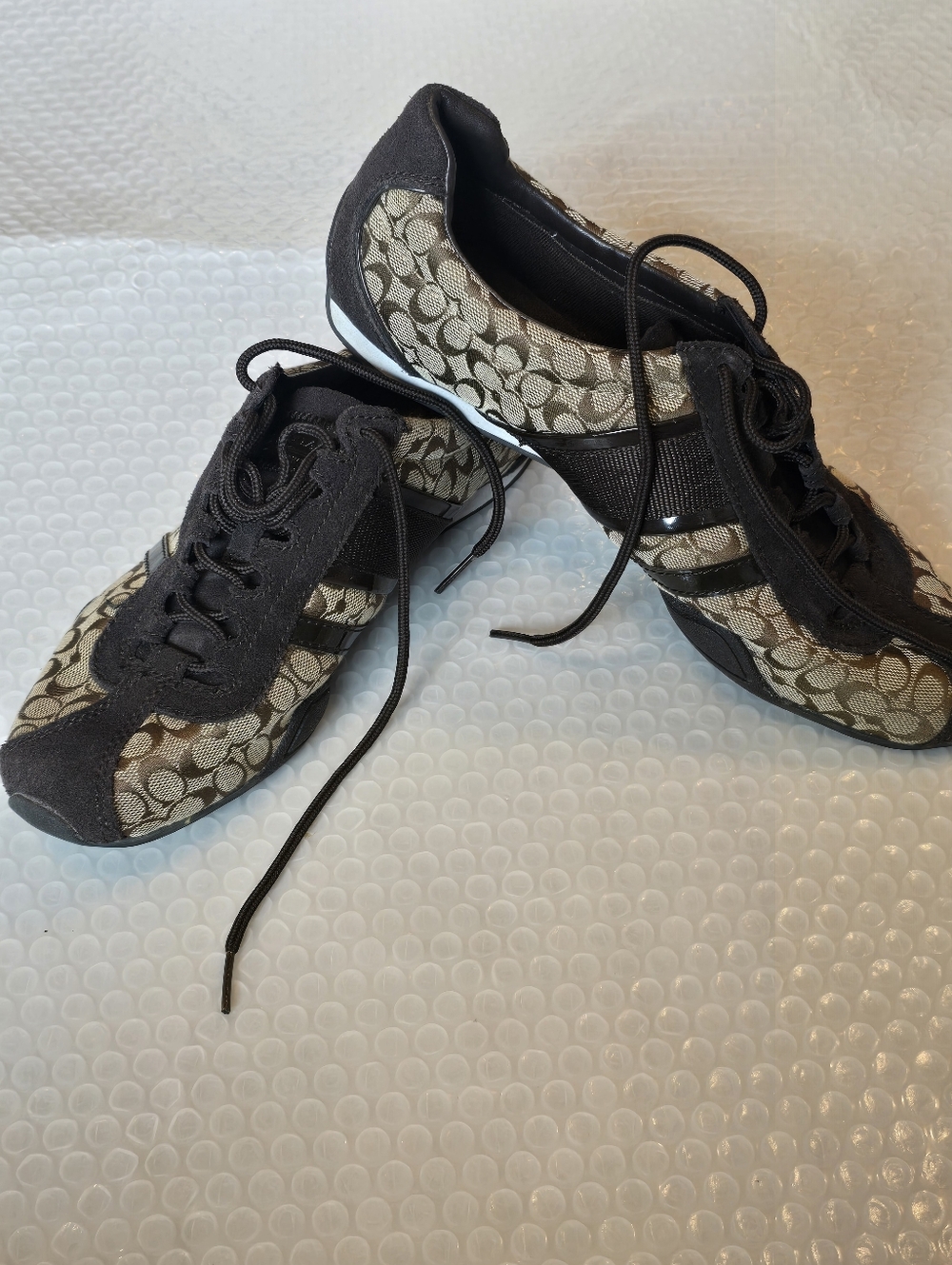 COACH New York REMONNA Brown Logo Shoes Sneakers Beige Canvas Suede Lace Up 8.5M - Picture 3 of 9